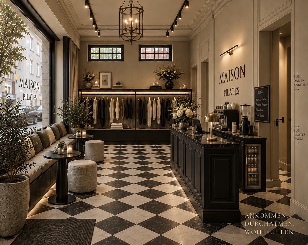 Empfang der Maison Pilates mit schwarzer Theke und Lounge